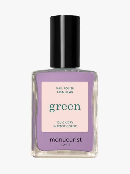 Bottle of Manicurist Nail Polish in Lisa Lilas with black cap on light gray backgrounf