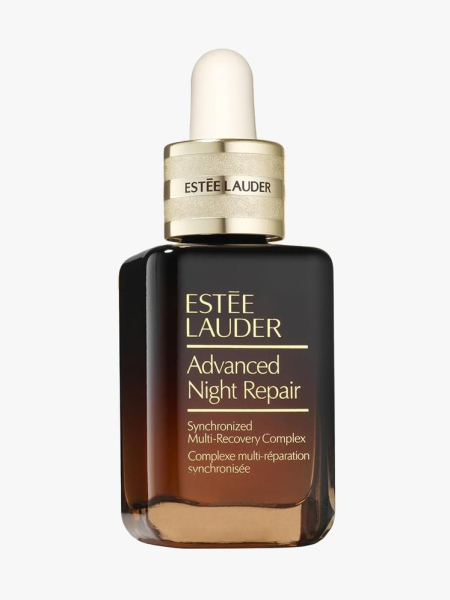 Estee Lauder Advanced Night Repair in branded dropper component on a light gray background