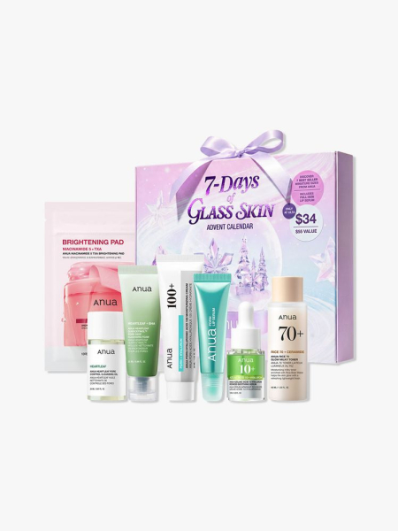 A purple 7 Days of Glass Skin Advent Calendar package with 7 Anua products in front on light gray background