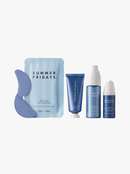 Summer Fridays The Jet Lag Essentials Set in multiple branded components on a light gray background